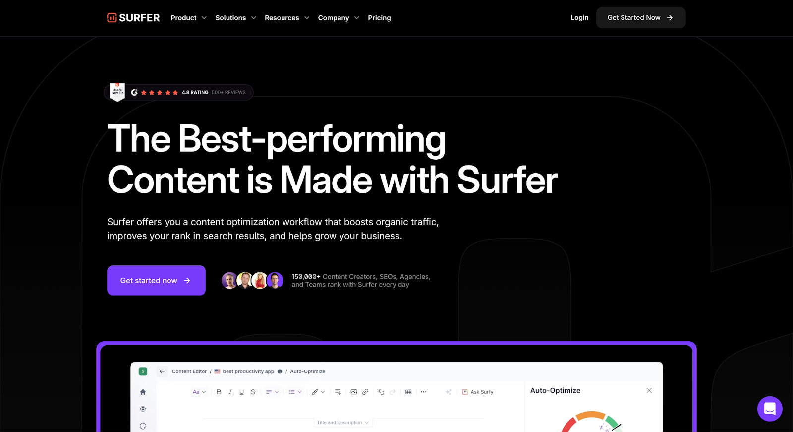 A black background with the text, “The Best-performing Content is Made with Surfer,” in white and a purple CTA button.
