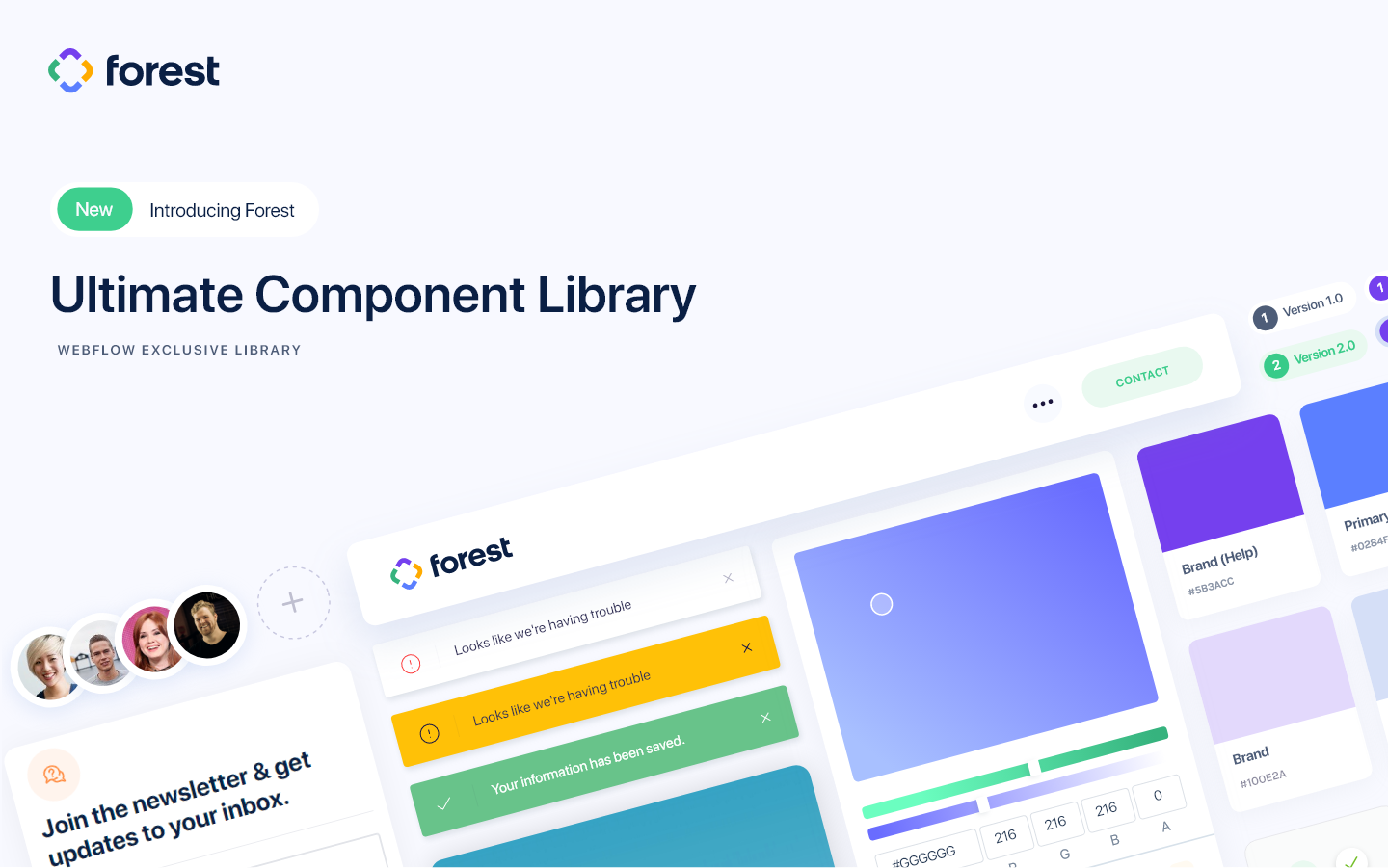The Forest home page features a slanted image of some of its color palette and components under the words “Ultimate Component Library.”