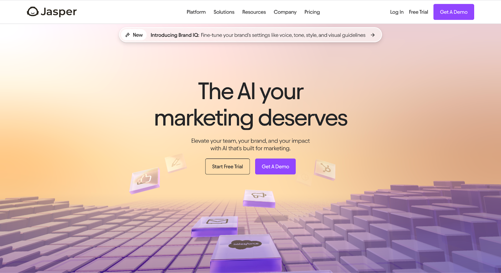 A purple and coral-colored background with a grid-like animation and text that reads, “The AI your marketing deserves.”