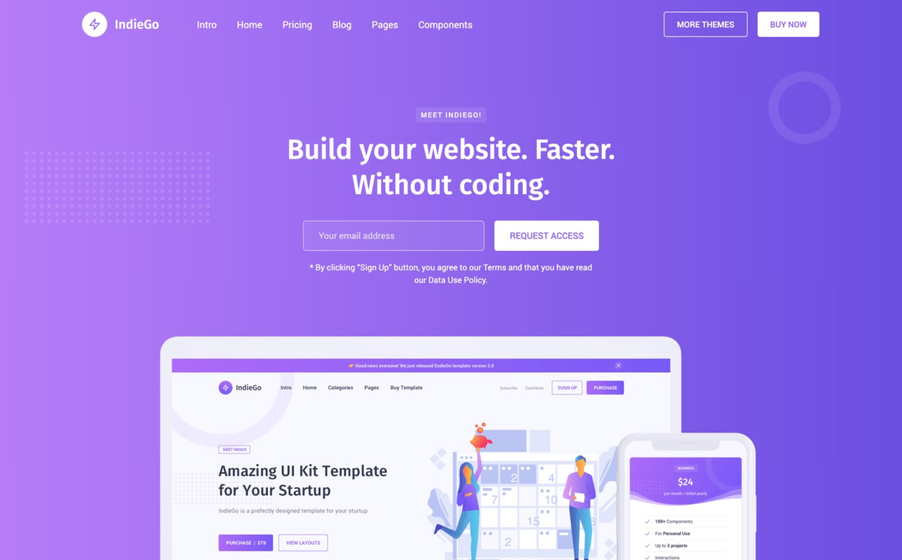 Screenshot of the IndieGo UI kit homepage