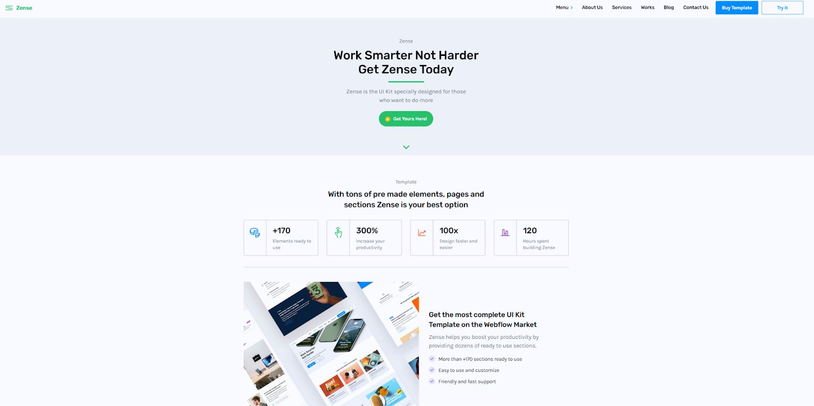 The Zense home page features a small gallery of facts about the kit and a headline reading, “Work Smarter Not Harder. Get Zense Today.”