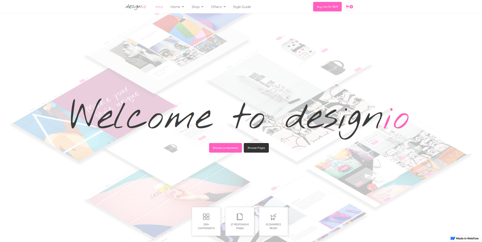 Designio’s simple home page features a brightly lit layout behind a headline reading, “Welcome to designio."