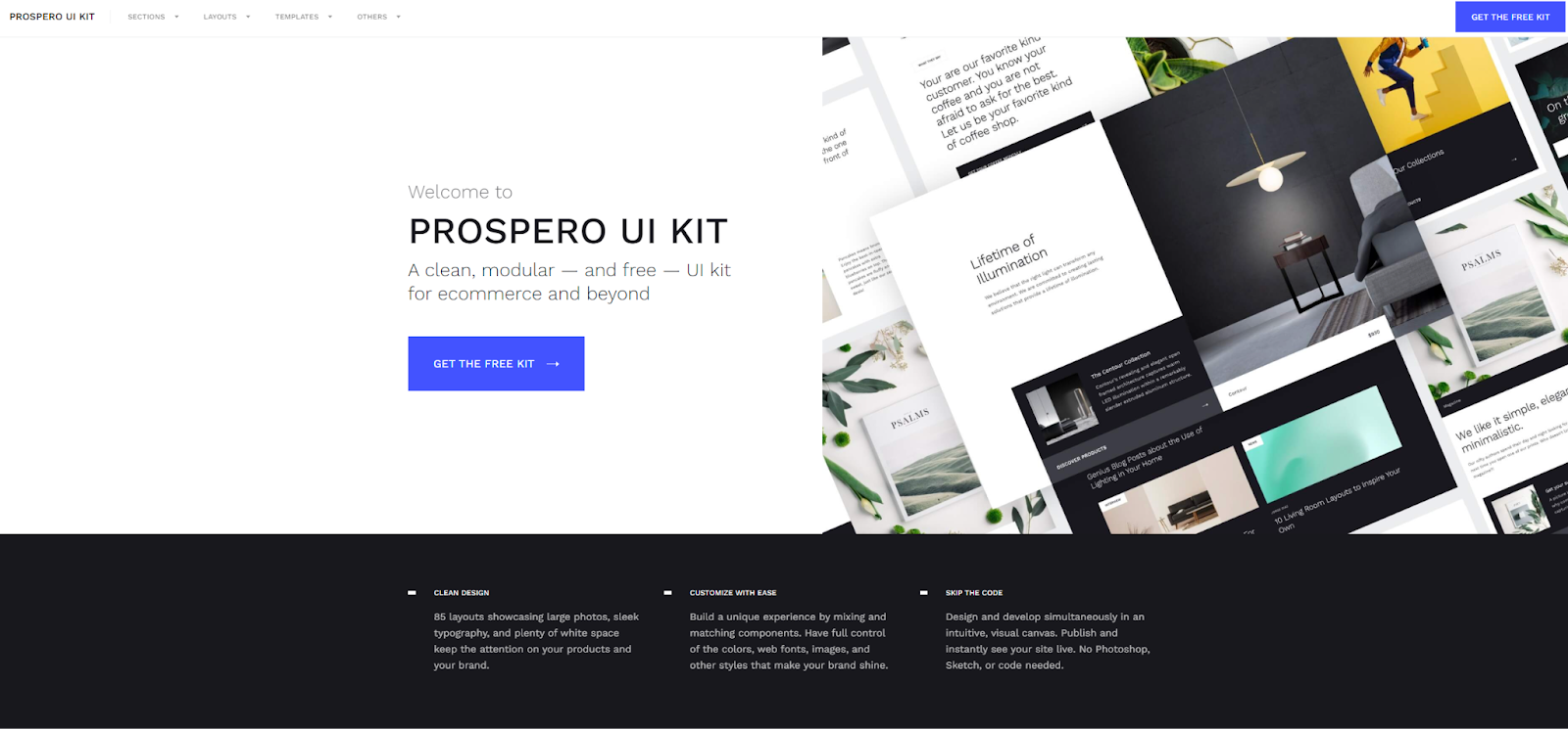 The Prospero home page features a slanted gallery of designs on the right. On the left is a headline that says, “Prospero UI Kit.”