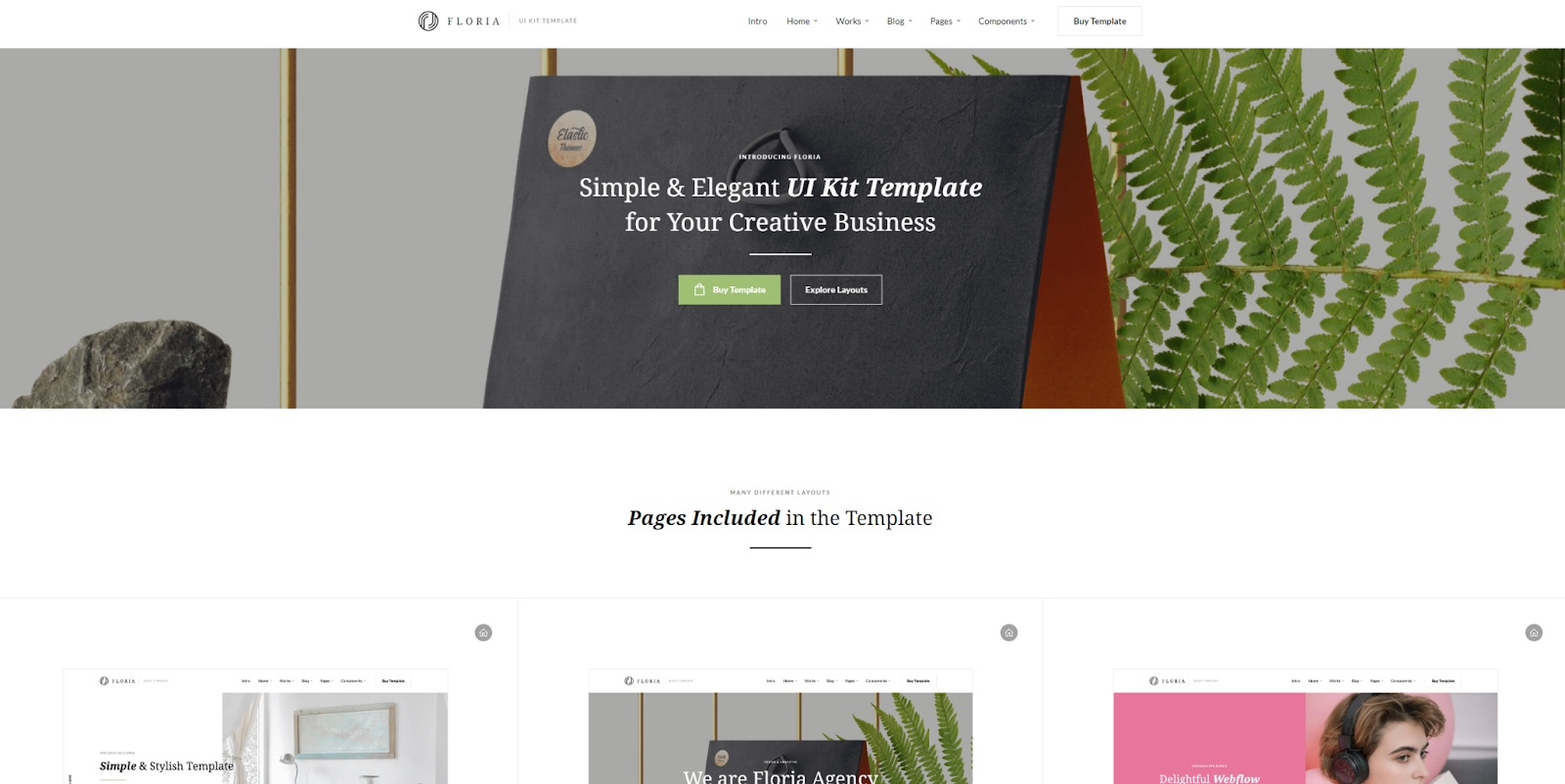 The Floria home page features a banner at the top with the headline, “Simple & Elegant UI Kit Template for Your Creative Business.”