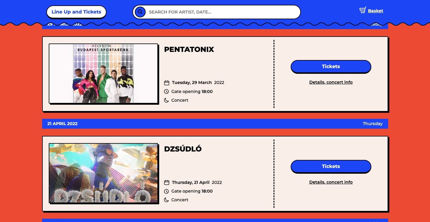 An image of the Budapest Park website. The website uses blues, reds and tans as its colorway with bold text and graphics.