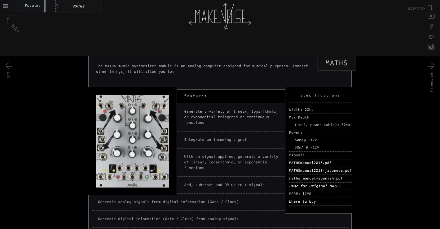 An image of the minimalistic and brutalist "Make Noise" website. It features a black background with typewriter-like font.