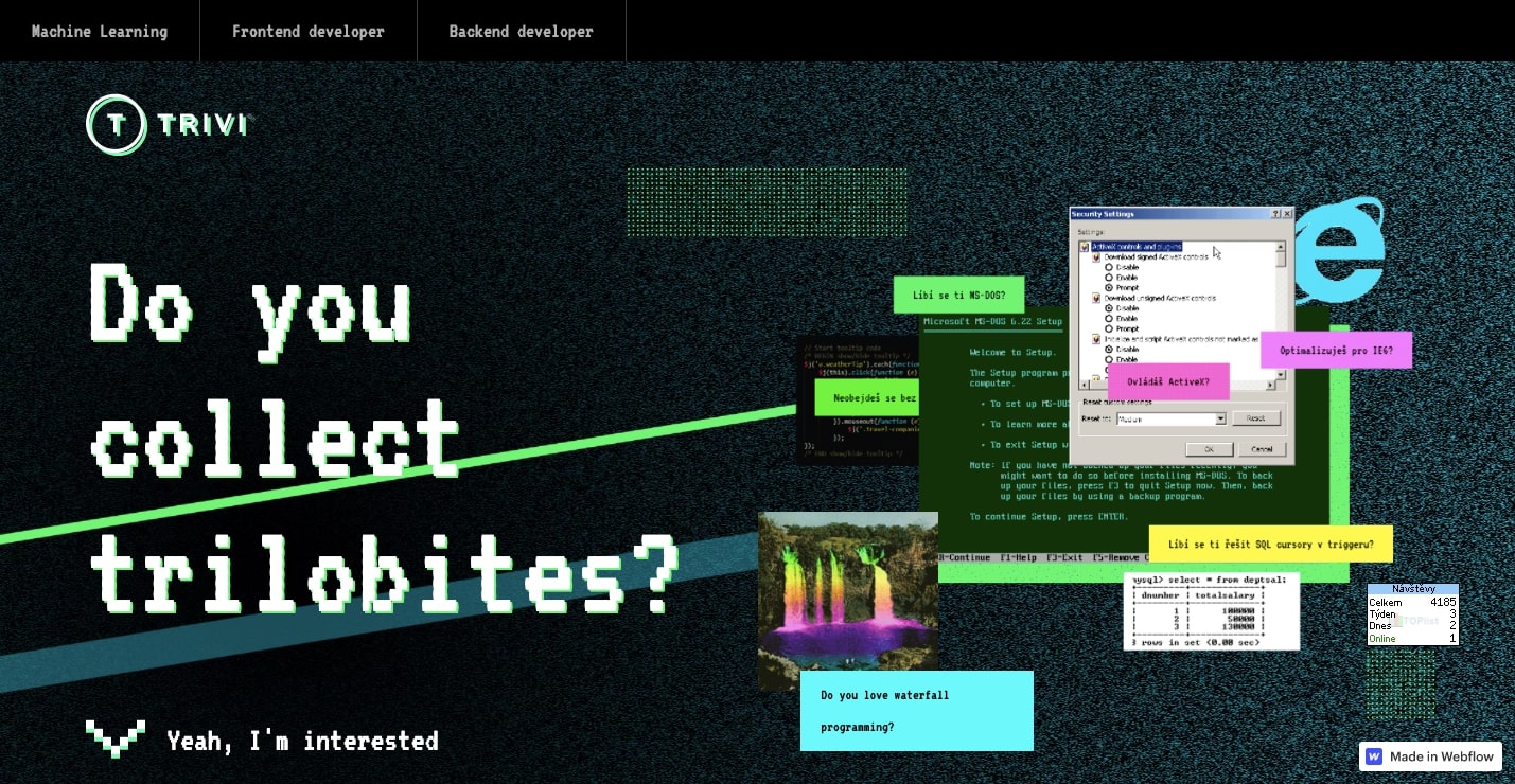 An image of the Trivi website. It embraces us of a staticky background with a large digital-like headline "Do you collect trilobites."