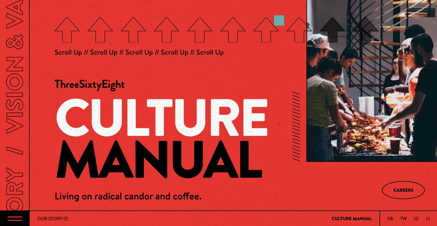 An image of the the ThreeSixtyEight Culture Manual website. It features a bright red backfround with bold, minimalistic font. It also features arrows and dashes as accompanying graphics.