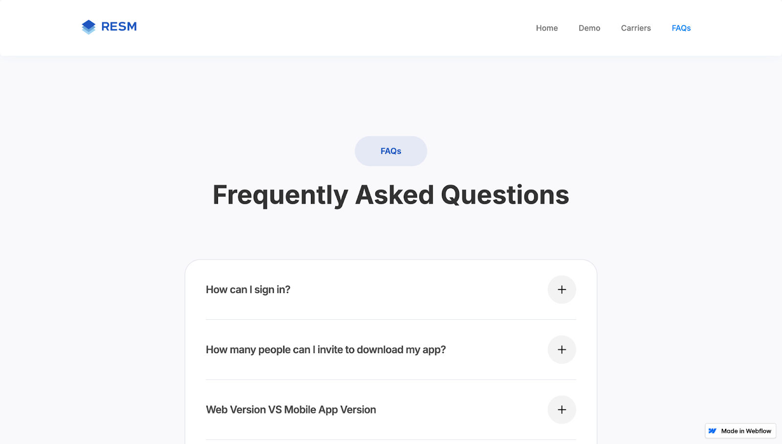 The Real Estate Social Media App website has a minimal FAQ page design with a white and gray color palette and questions in the center.