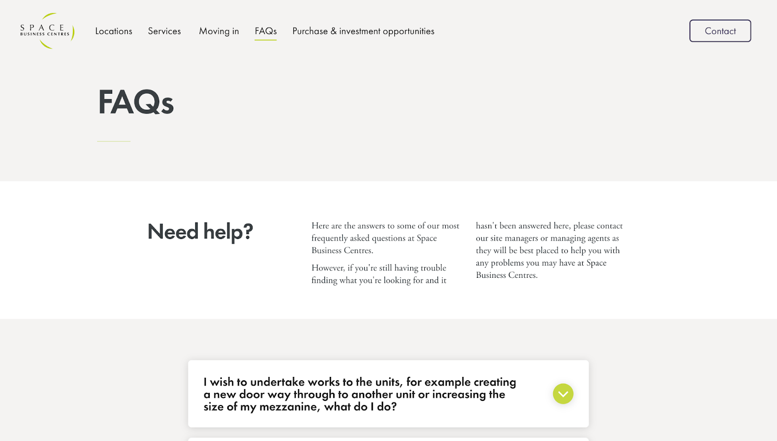 The Space Business Centres FAQ section has a white and gray layout with a menu, the text “FAQs” and “Need help?,” and questions in white boxes with green arrows.