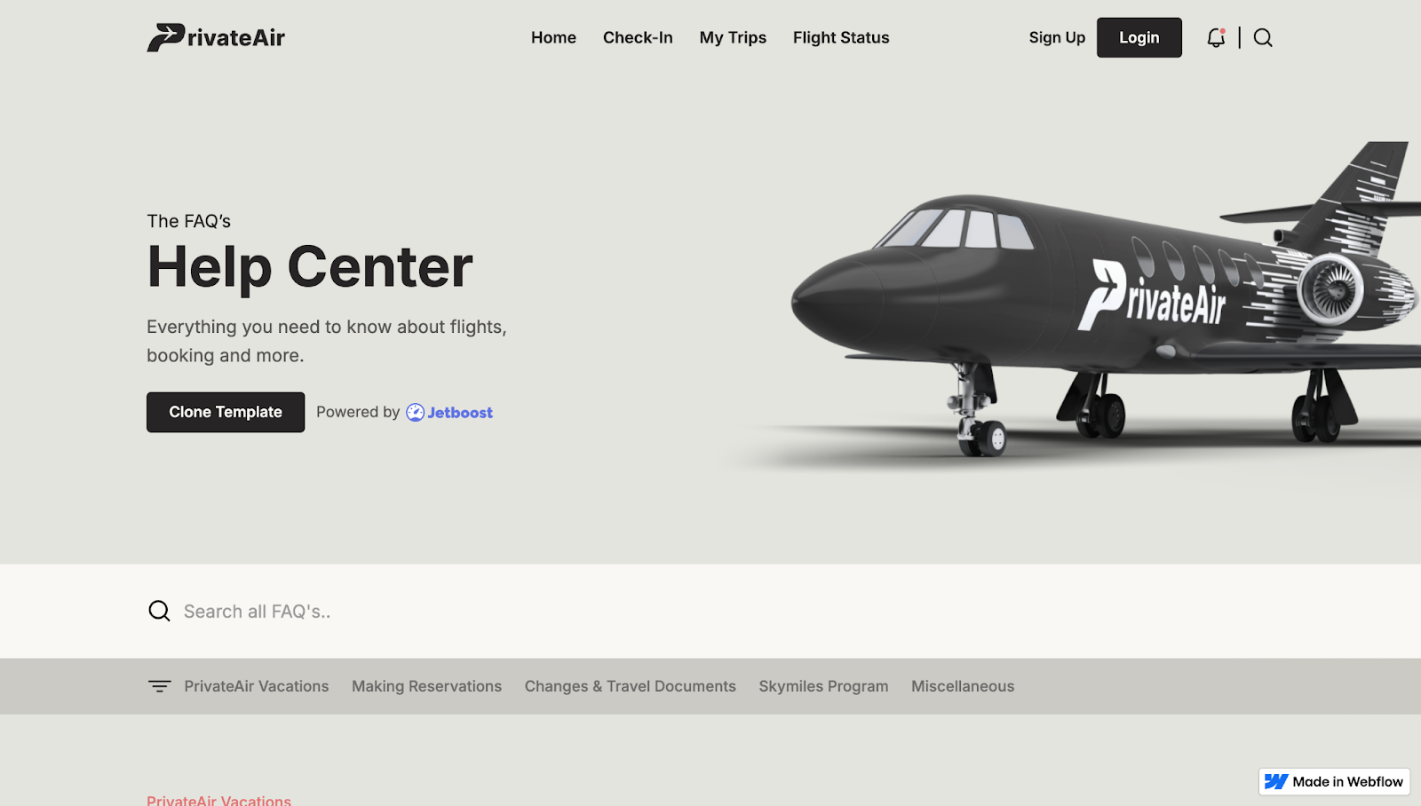 The PrivateAir website has a header image of an airplane with the text “The FAQ’s Help Center” on the left, a search bar beneath, and categories at the bottom.