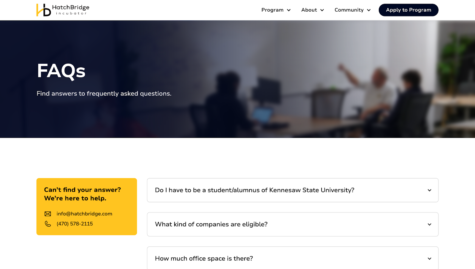 The HatchBridge Incubator FAQ section has a header image with the text “FAQs,” a list of questions, and a yellow box with information for additional support.