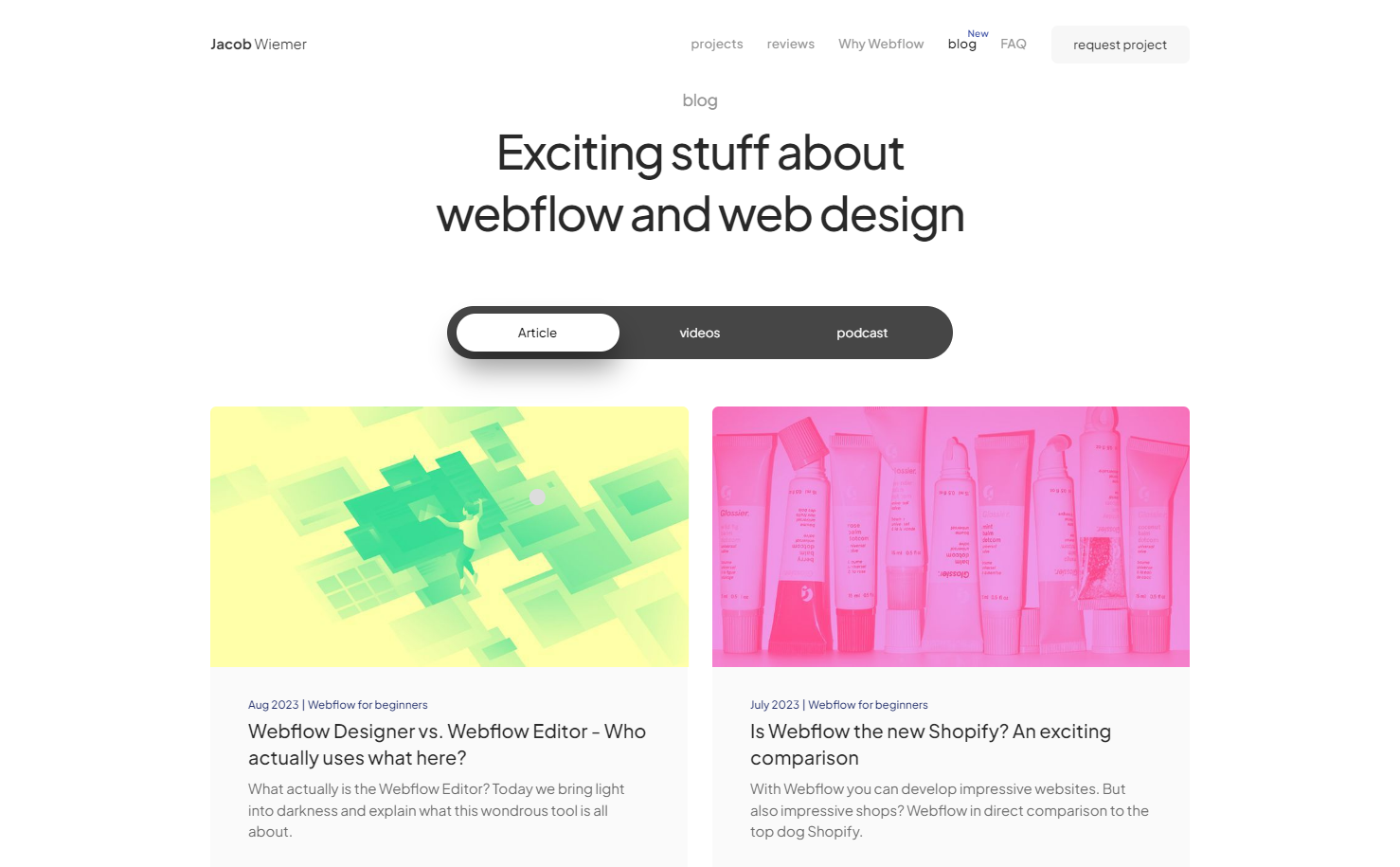 Jakob Wiemer’s portfolio blog page, titled “Exciting stuff about Webflow and web design.”