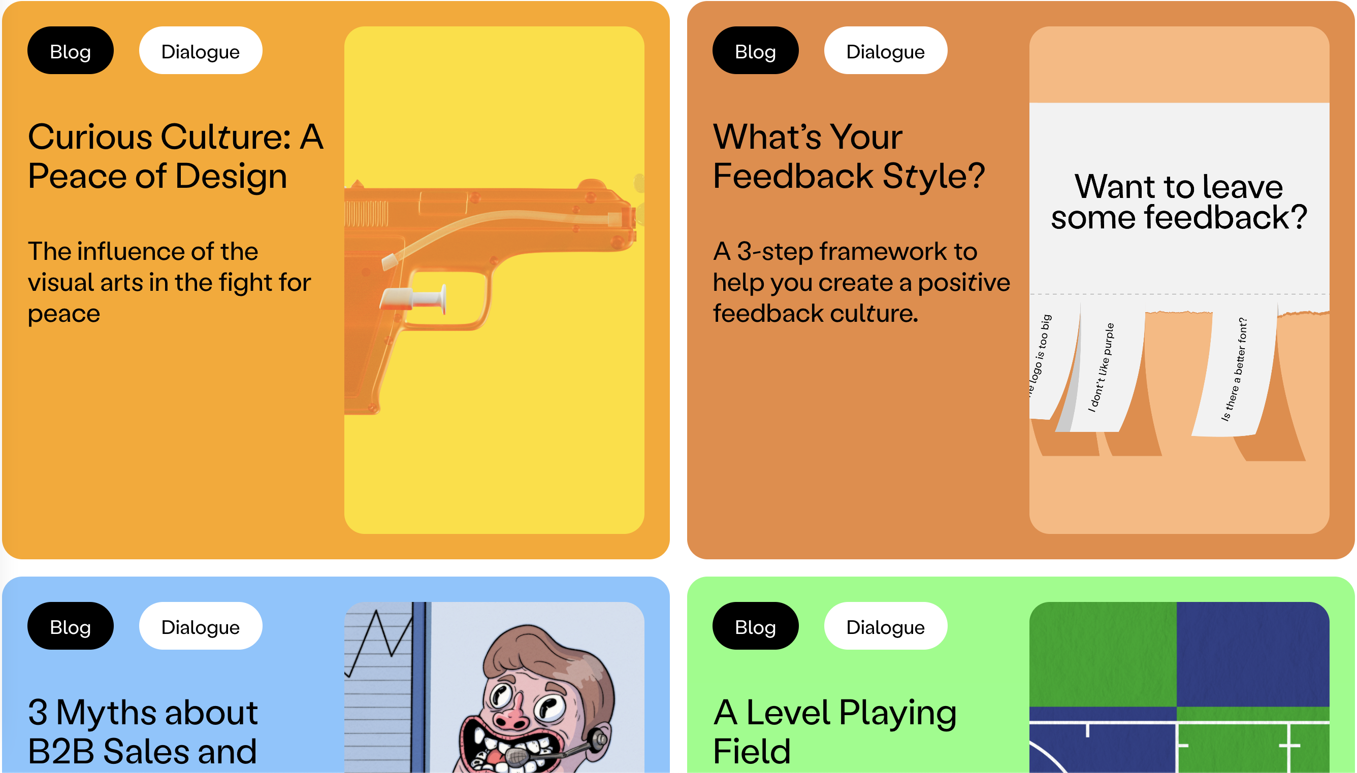 A screenshot of Oddigy Studio’s blog showing colorful and compartmentalized articles such as “Curious Culture: A Peace of Design,” “What’s Your Feedback Style?,” “3 Myths about B2B Sales and Marketing,” and “A Level Playing Field.”