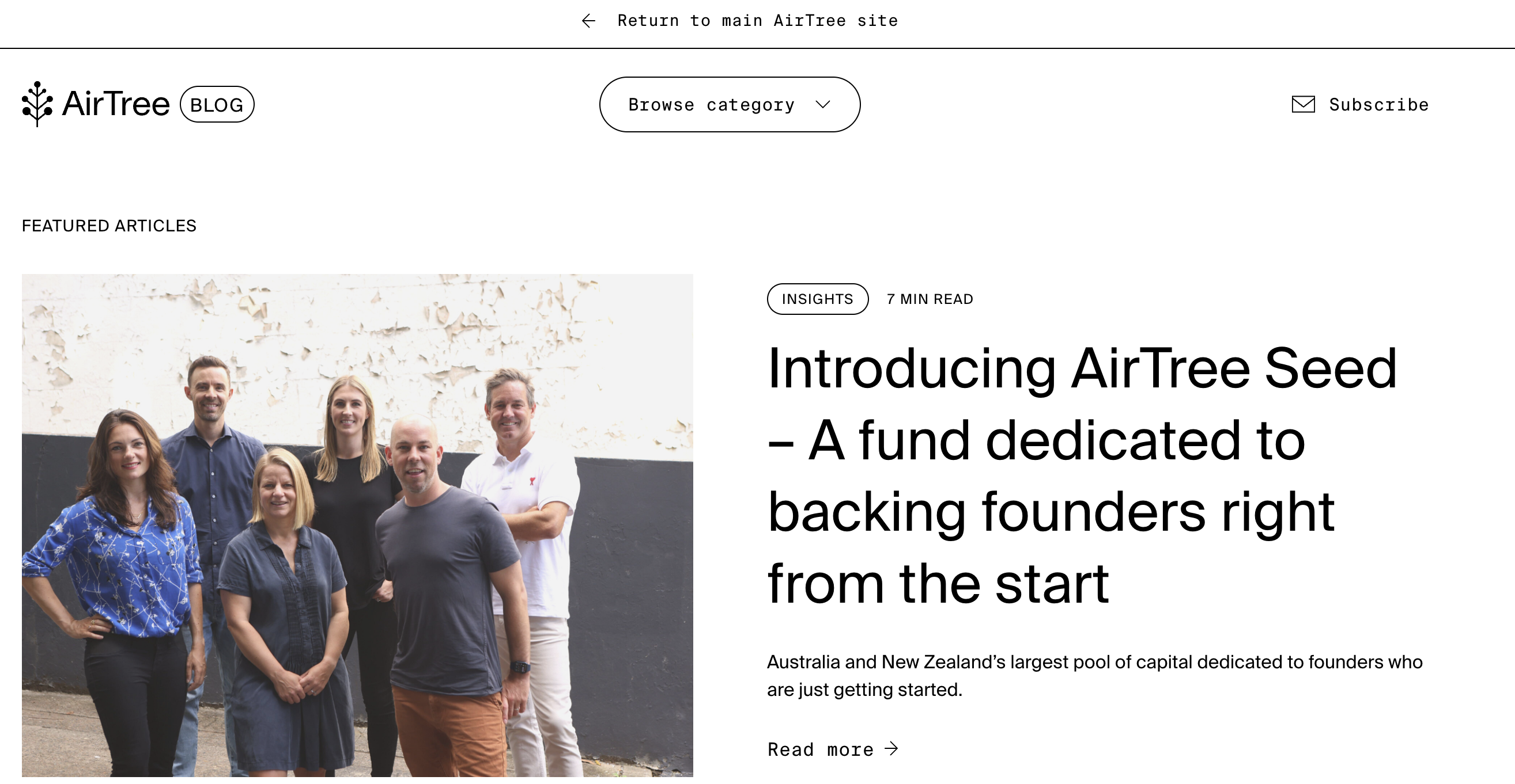 A screenshot of AirTree Ventures’ blog with a white background, black text, and a large picture from a featured article.
