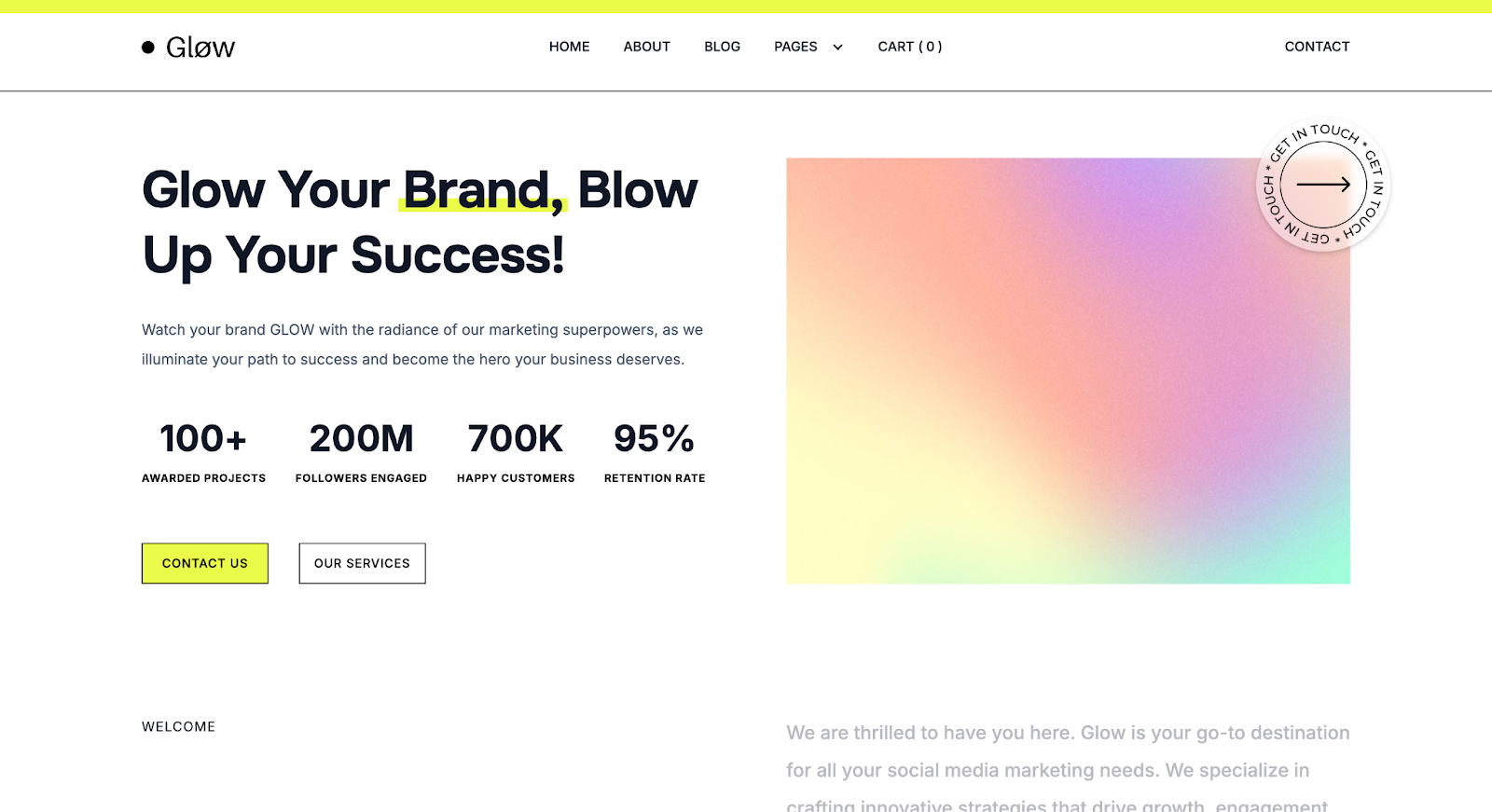 Glow’s website has the text “Glow Your Brand, Blow Up Your Success!” against a white background with a gradient and statistics next to it.