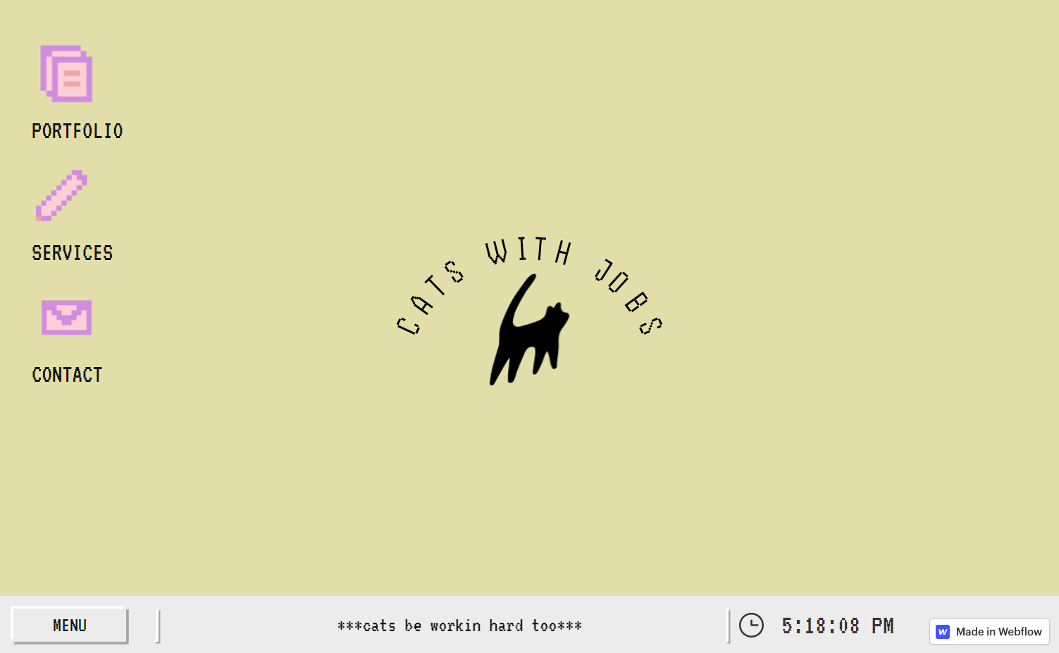 Beige desktop mockup with pixelated icons saying “portfolio,” “services,” and “contact.” In the middle of the screen is a black silhouette of a cat and the title “cats with jobs.”