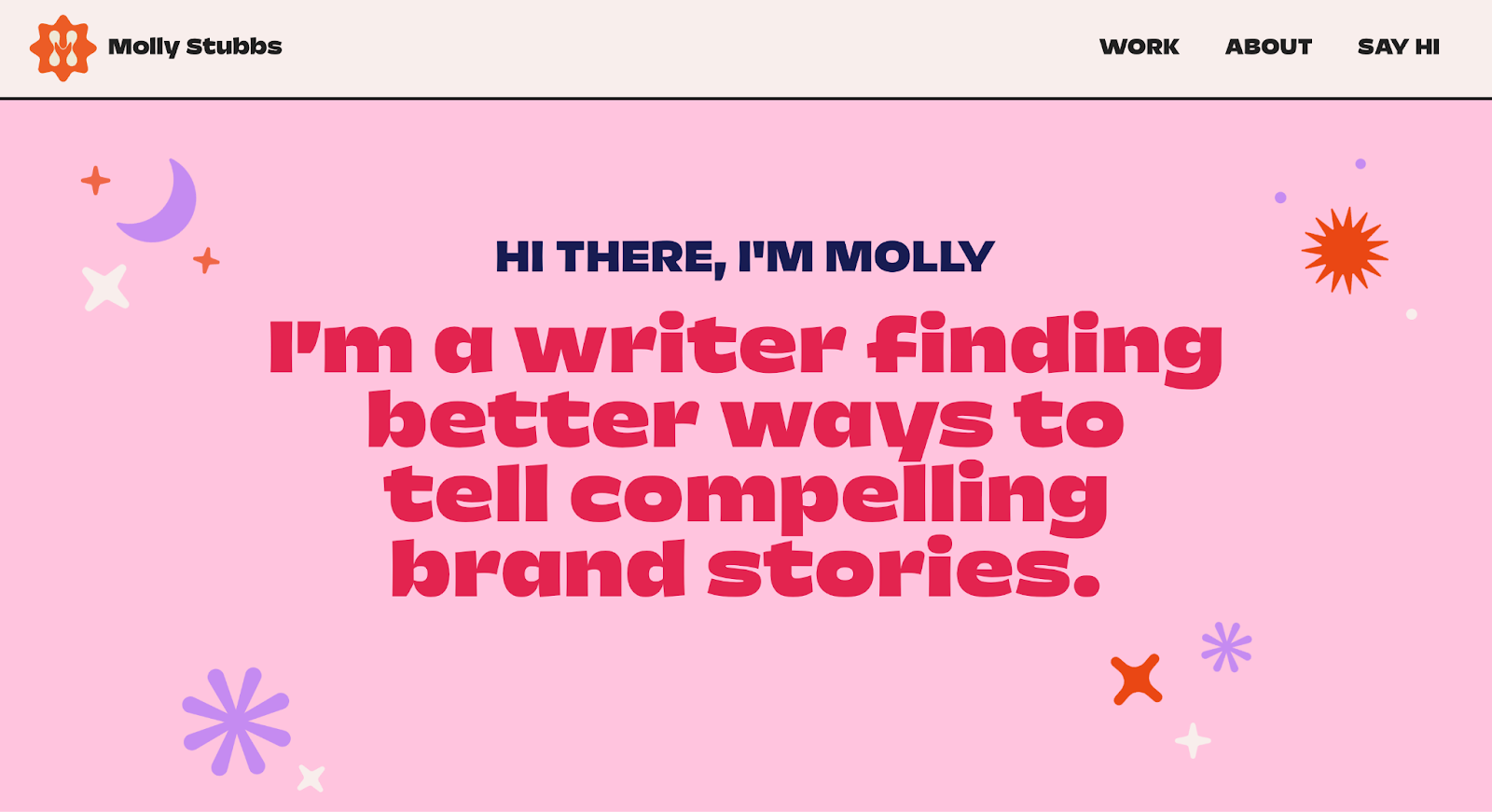 Molly Stubbs’ writing portfolio has pink, purple, and red graphic design elements with the text “I’m a writer finding better ways to tell compelling brand stories.”
