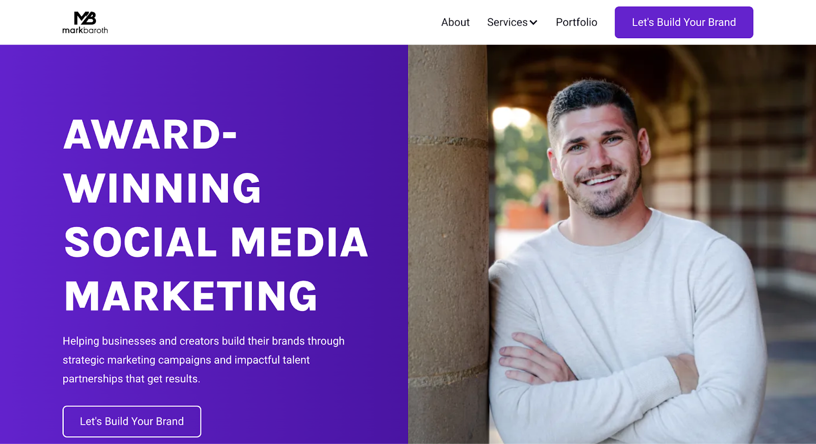 Mark Baroth’s social media manager website has purple branding with the text “Award-winning social media marketing” and an image of Mark Baroth.