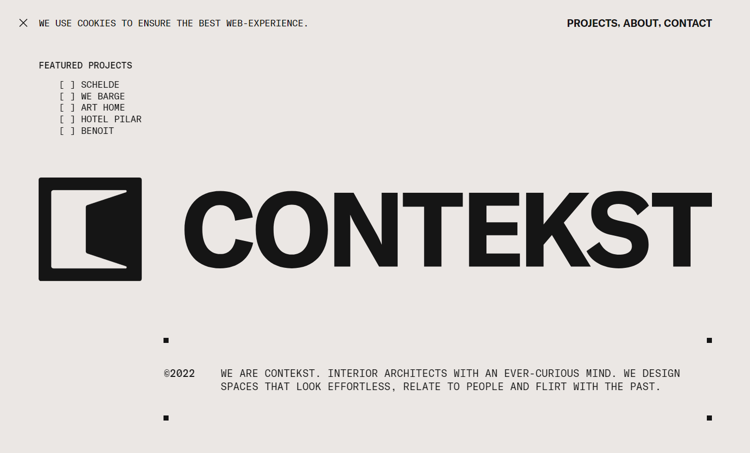 Website with black text against a light-gray background and black text. The company name, Contekst, is in the middle, alongside the logo (a stylized C).