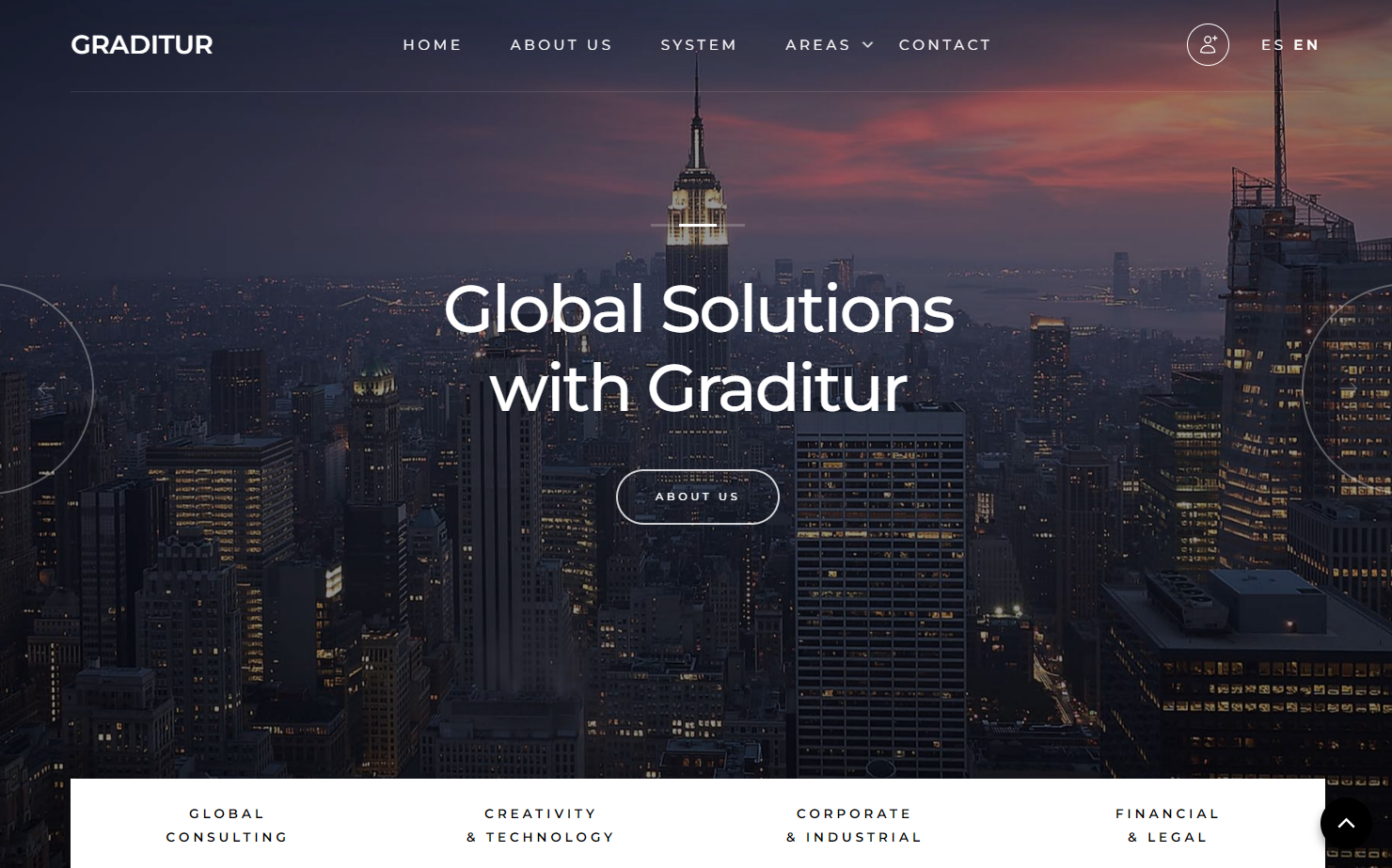 Website with white text against a cityscape background. The text “Global Solutions with Graditur” appears in the middle of the page with a button labeled “About us” beneath it.
