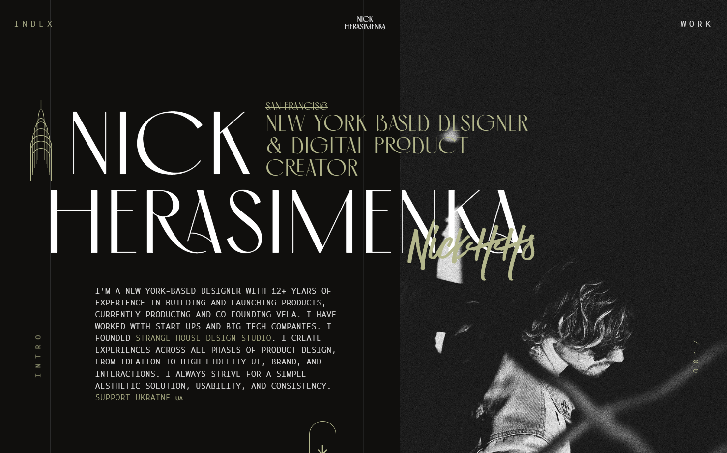 Designer site with a black background and white and yellow-green font saying “Nick Herasimenka: New York-based designer & digital product creator.” A black-and-white photo of a man looking down is in the bottom right corner.
