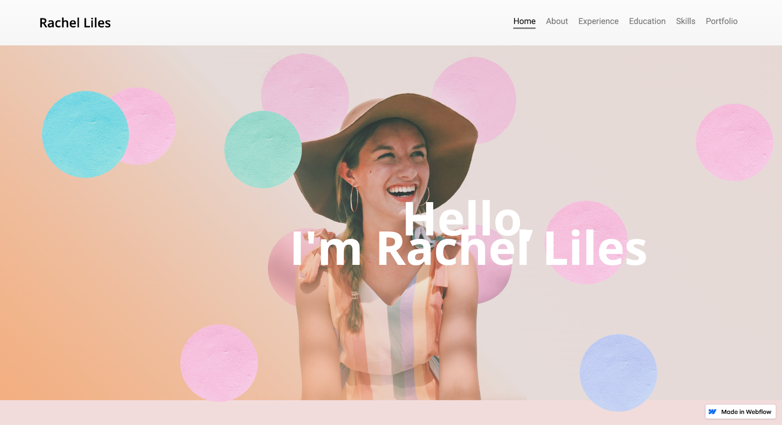 Rachel Liles’ content creator portfolio has a self-portrait, the text “Hello, I’m Rachel Liles,” and floating circular graphics.