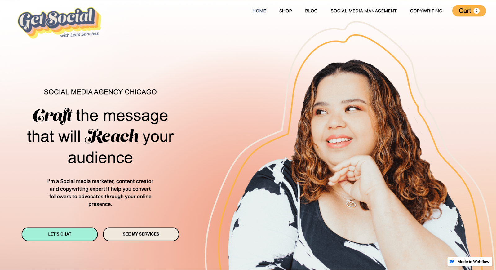 Get Social with Leda Sanchez’s website features an image of Leda against a gradient pink-and-white background, messaging, and two CTA buttons.