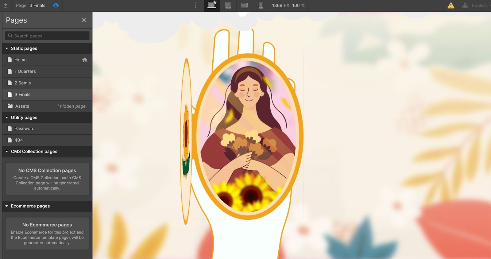 Screenshot of project in Webflow Designer. Background is blurred cream with various types of leaves in yellow, blue, and red shades. Illustration of a hand holding an open locket with a smiling woman with long, brown hair holding a bouquet of flowers.