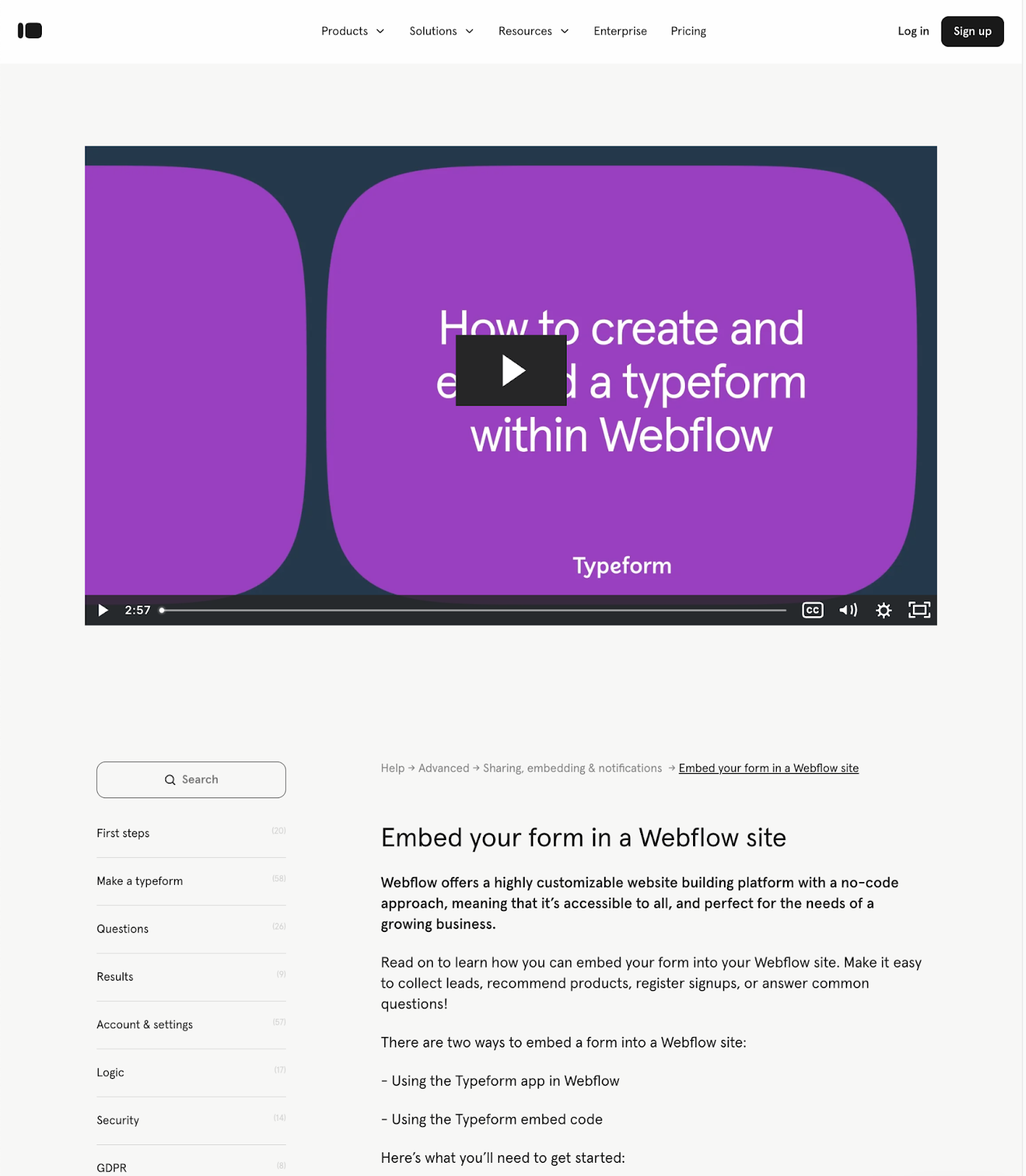 An image of Typeform's help page providing instructions on using their App for Webflow.
