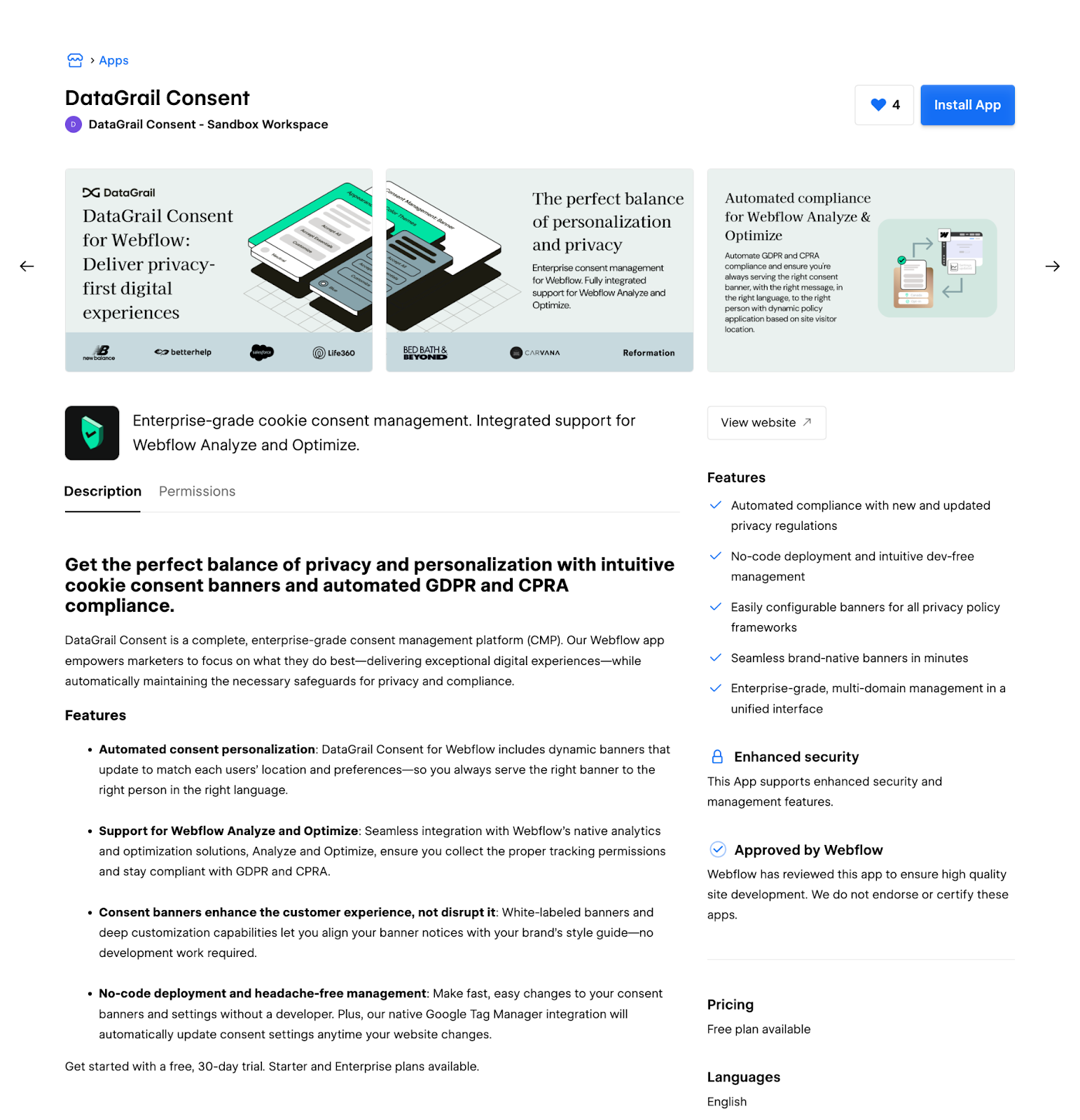 an image of the DataGrail App listing showing App screenshots, description and features