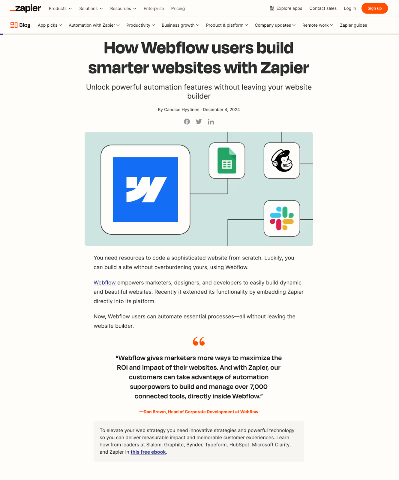 An image of a blog post published on Zapier's website, introducing their App for Webflow.