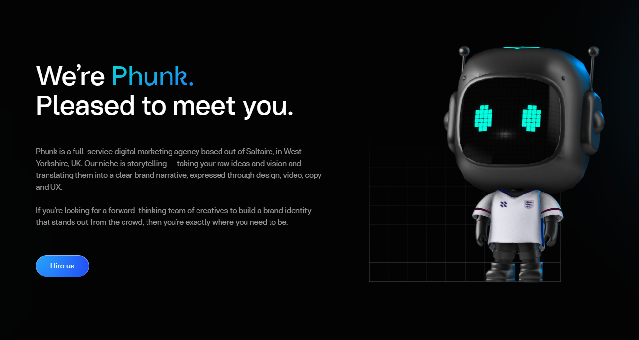 The Phunk Creative homepage features a shiny, dark robot next to a headline that reads, “We’re Phunk. Pleased to meet you.”