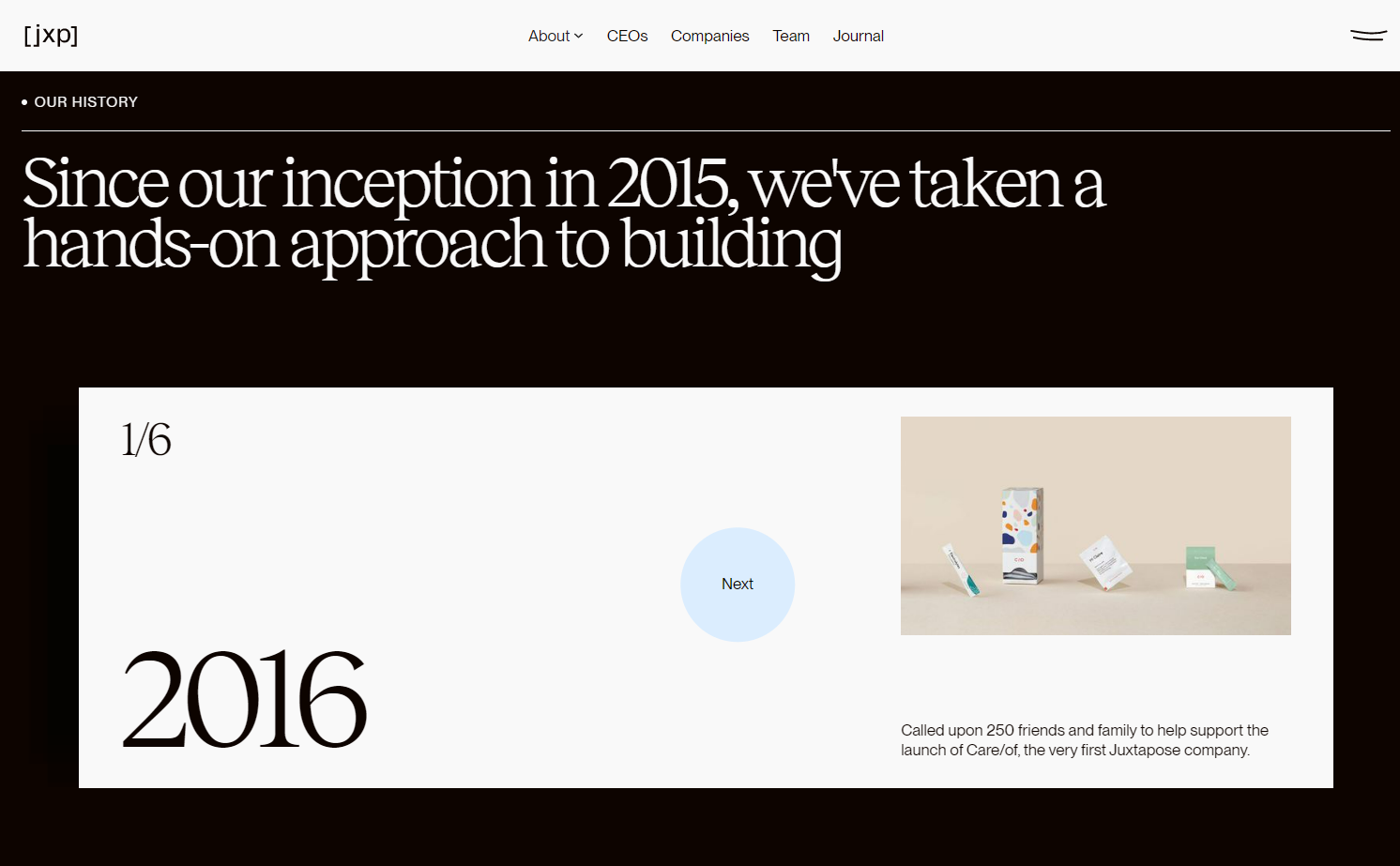Section of the Juxtapose about us page showing the first installment of their brand story (the company’s founding in 2015).