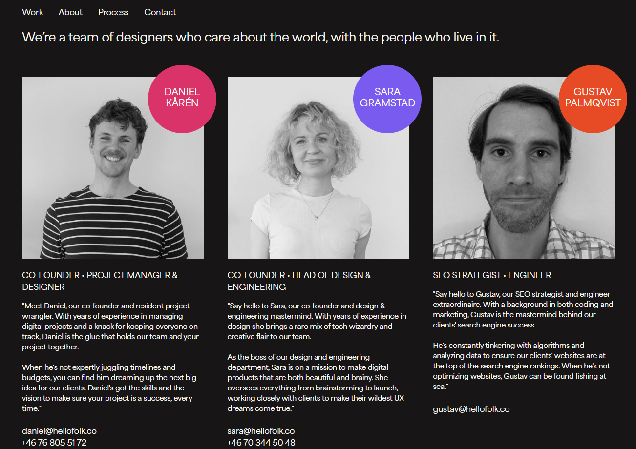 Design firm Folk’s about us page, featuring a primarily black-and-white color scheme, a photo and blurb for each designer, and the designers’ names in brightly colored circles.
