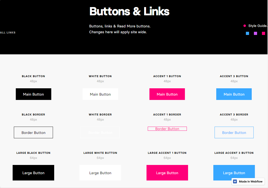 A screenshot of button and link guidelines in Noah Raskin’s Style Guide & UI Kit template.