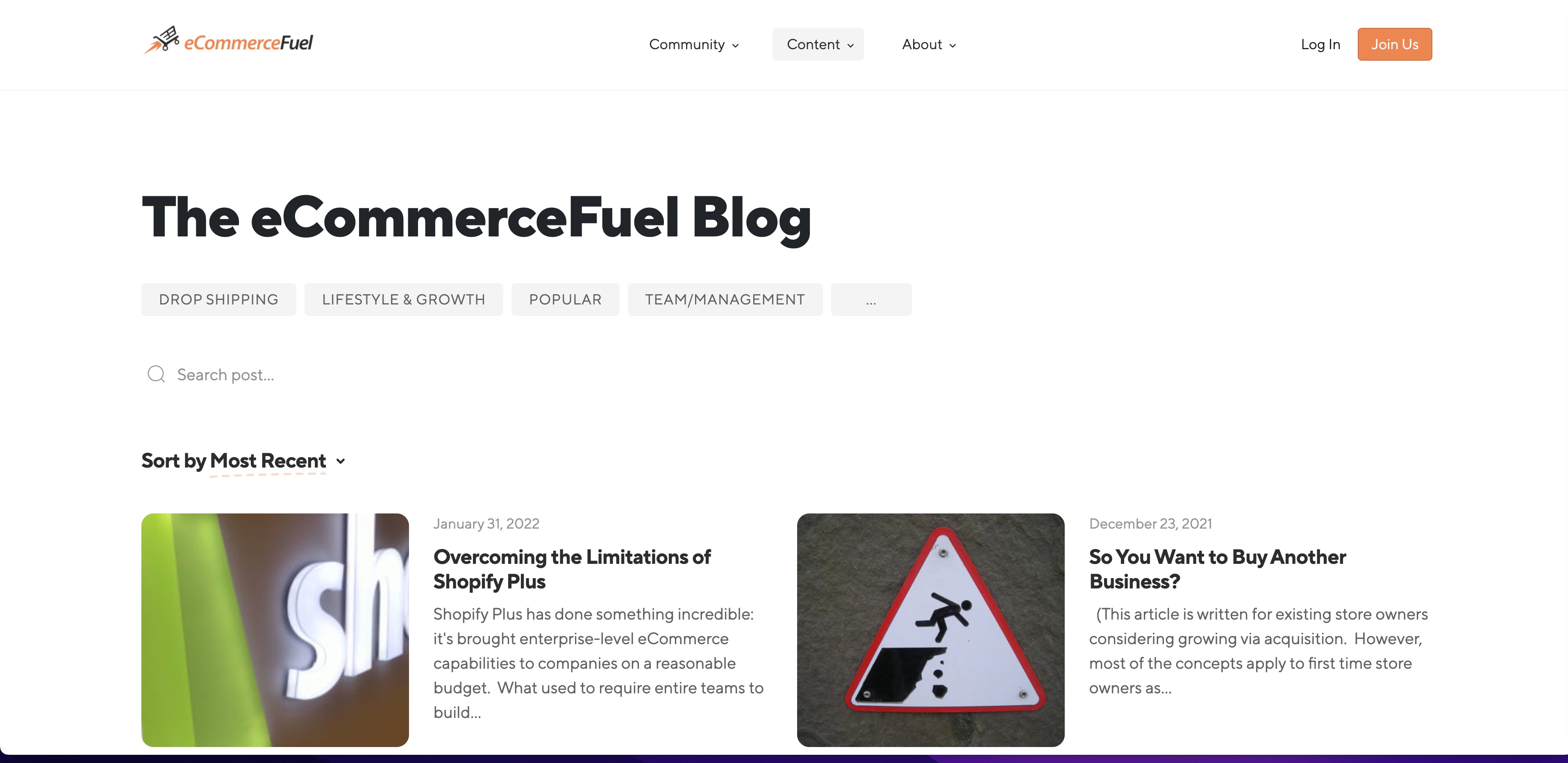 Ecommerce fuel blog homepage