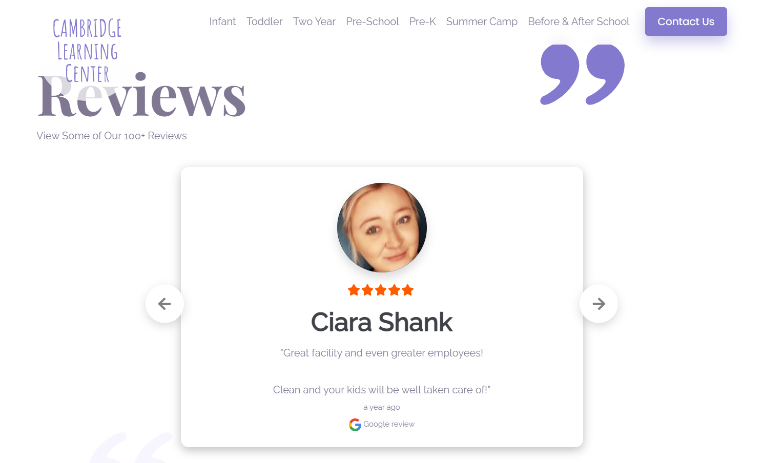 Section of Cambridge Learning Center site showing a carousel of positive Google reviews.