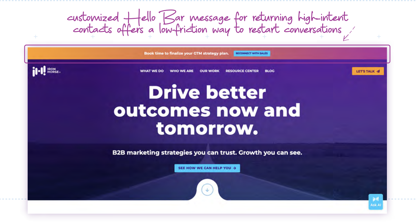 Iron Horse's homepage featuring a banner message reminding visitors to book time with the sales team