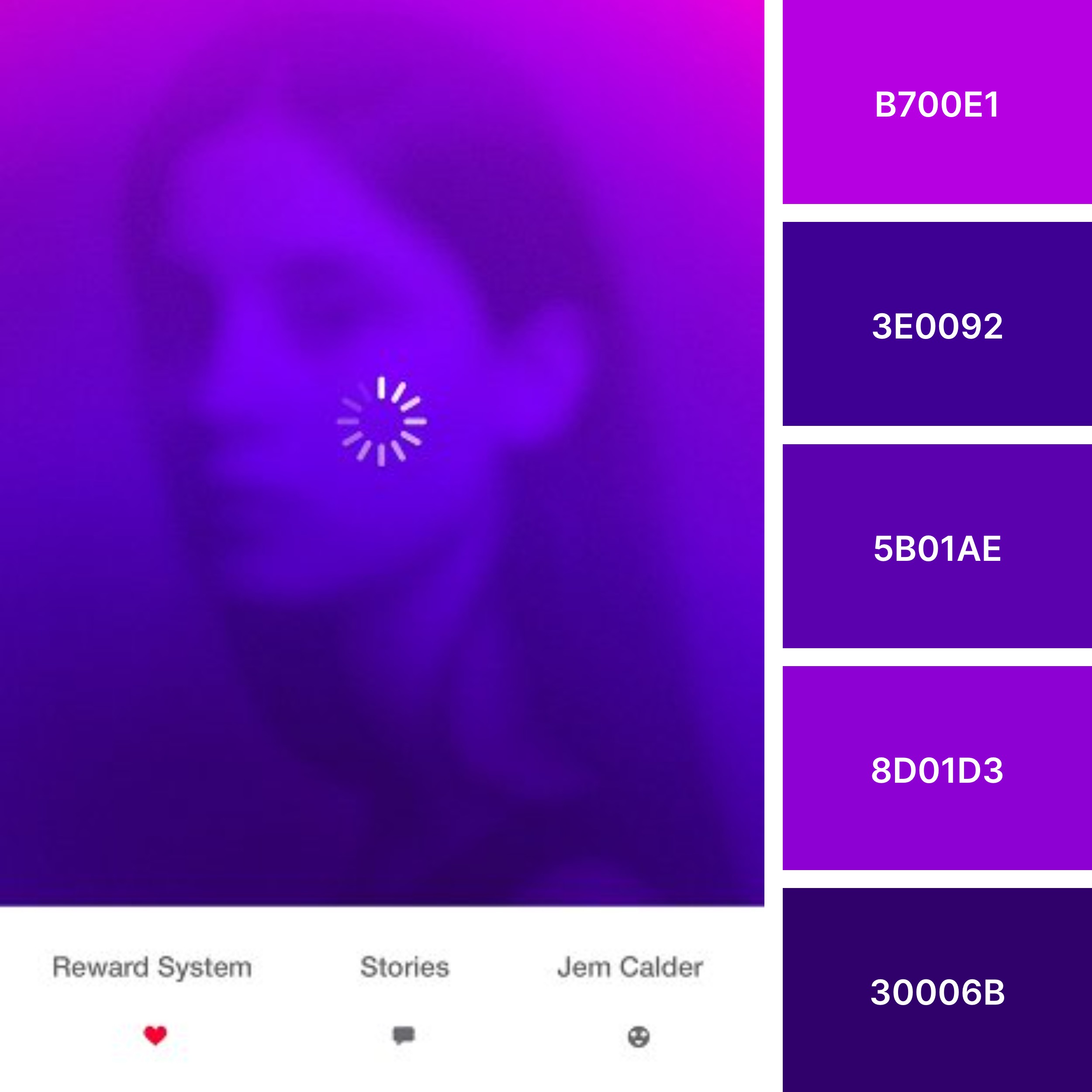 Reward System: Stories book cover next to color palette with hex codes: B700E1, 3E0092, 5B01AE, 8D01D3, 30006B