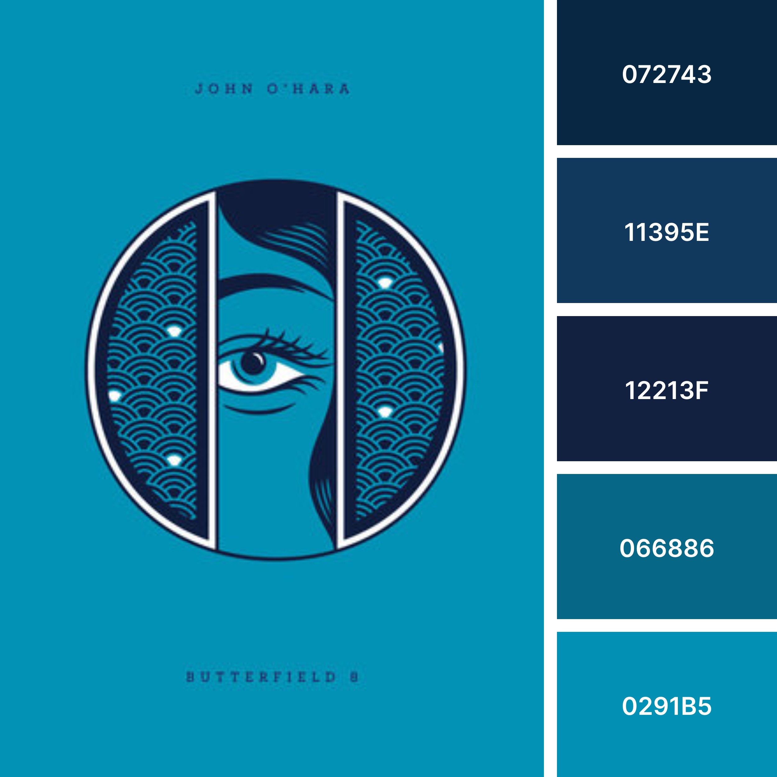 BUtterfield 8 book cover next to color palette with hex codes: 072743, 11395E, 12213F, 066886, 0291B5