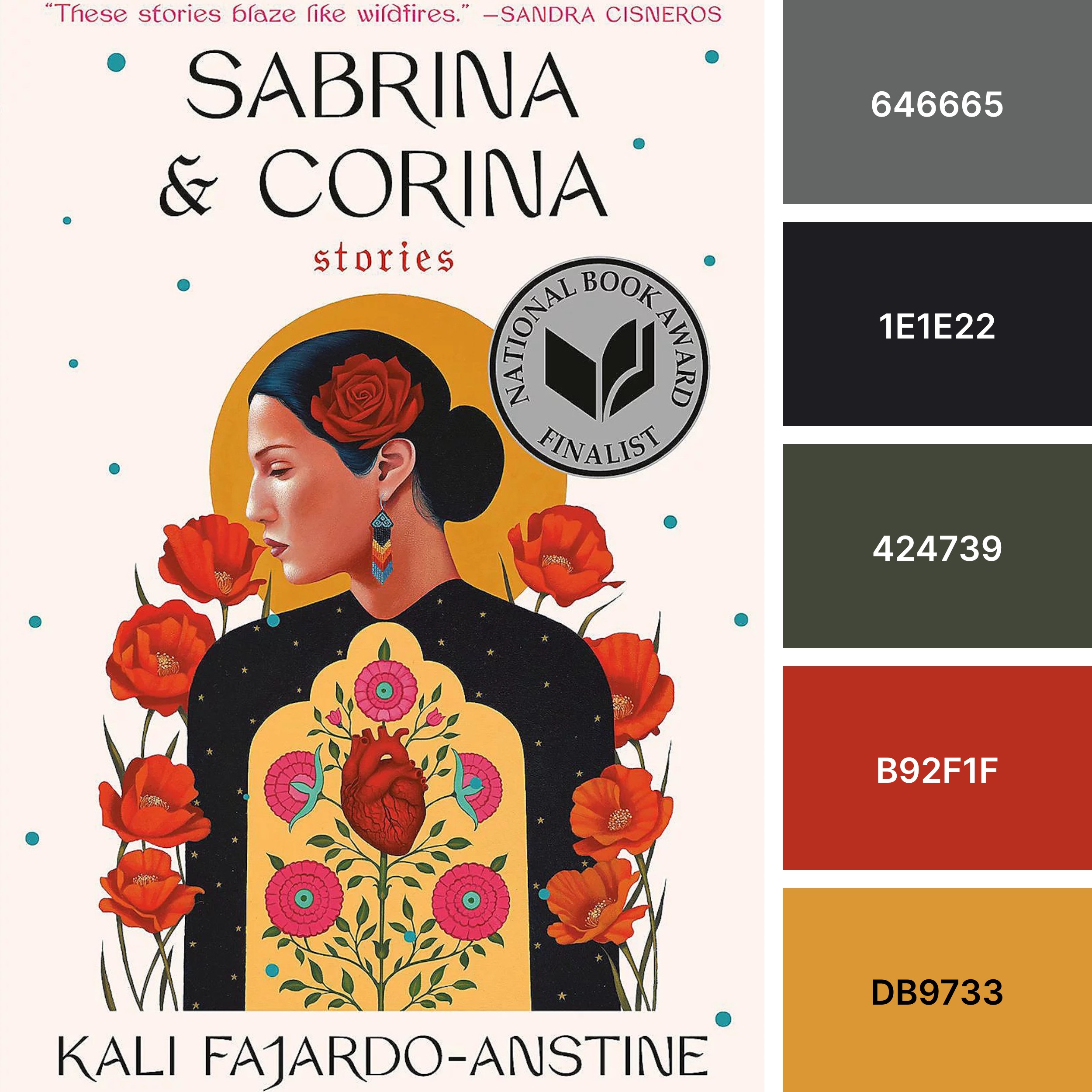 Sabrina & Corina Stories book cover next to color palette with hex codes: 646665, 1E1E22, 424739, B92F1F, DB9733