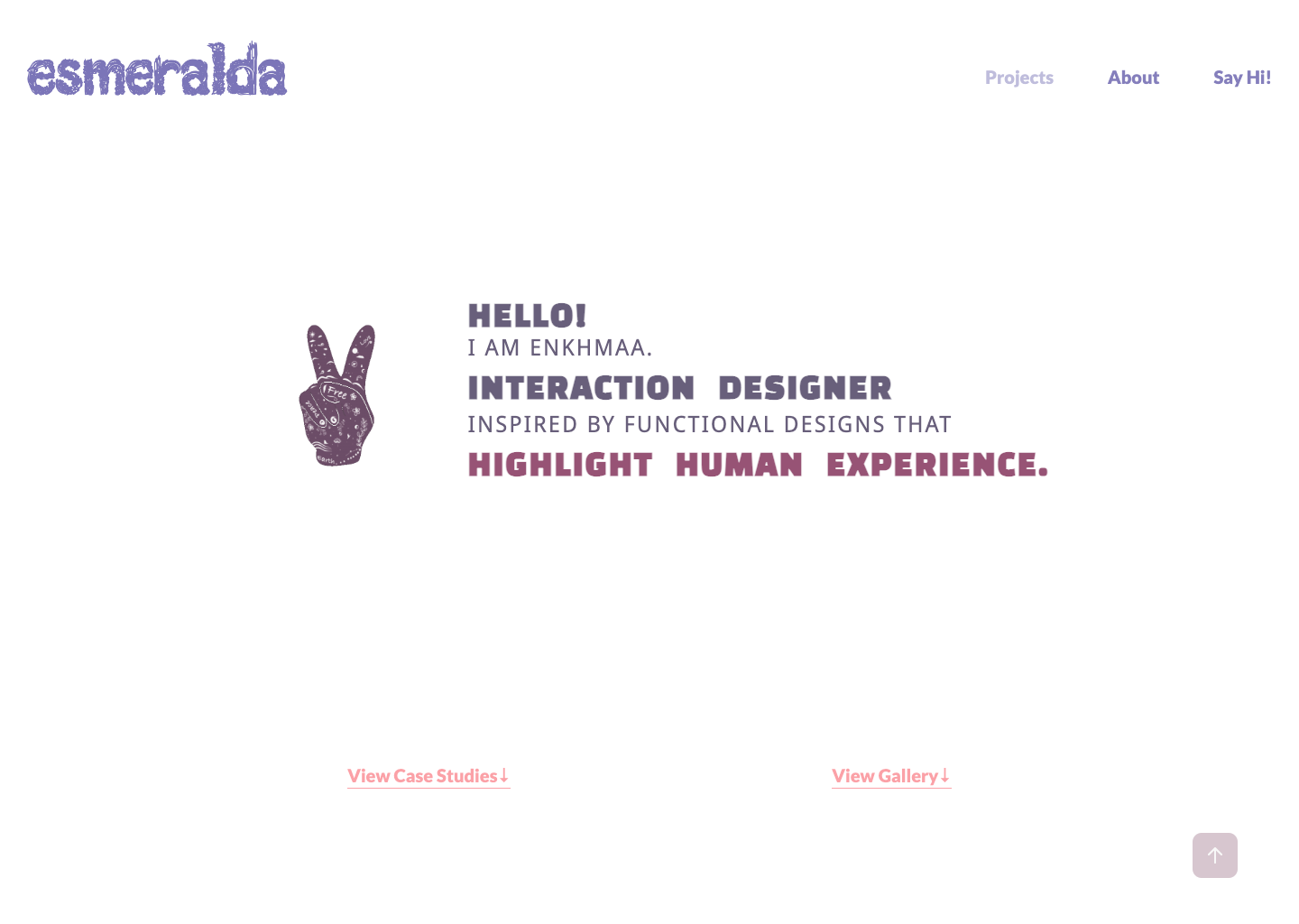 Purple hand making a peace sign next to text "Hello! I am Enkhmaa Interaction designer inspired by functional designs that highlight human experience.