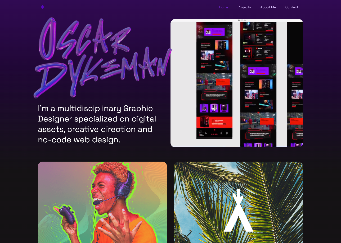 Oscar Dykeman portfolio homepage. Purple and black background "Oscar Dykeman" written in 3D balloon graffiti-style letters