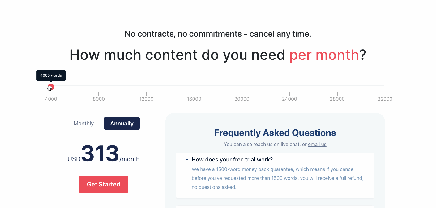 A gif showcasing ContentFly's clever sliding scale pricing interaction. It shows pricing based on the amount of content needed.