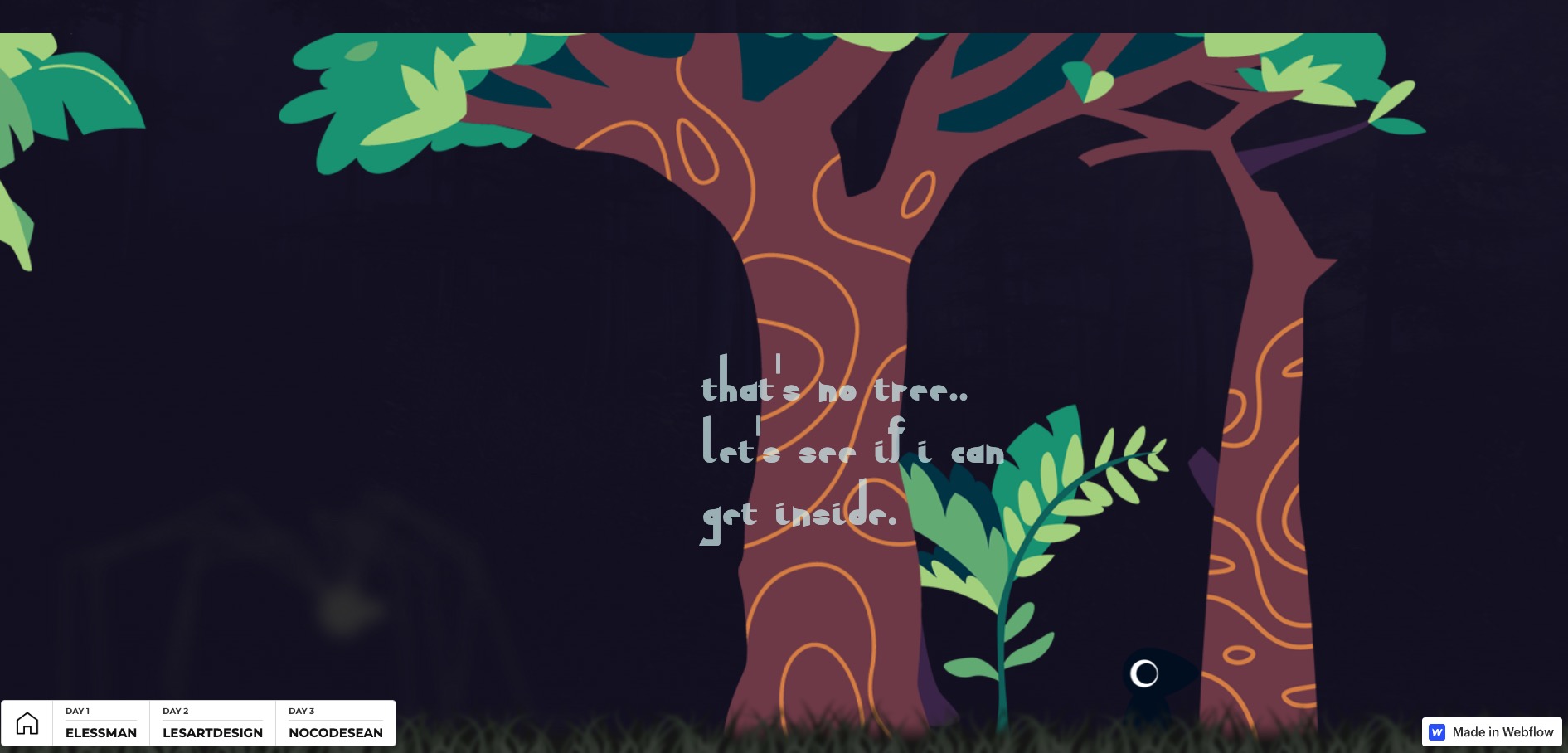 Cartoon scene, small black character walking in a dark forest
