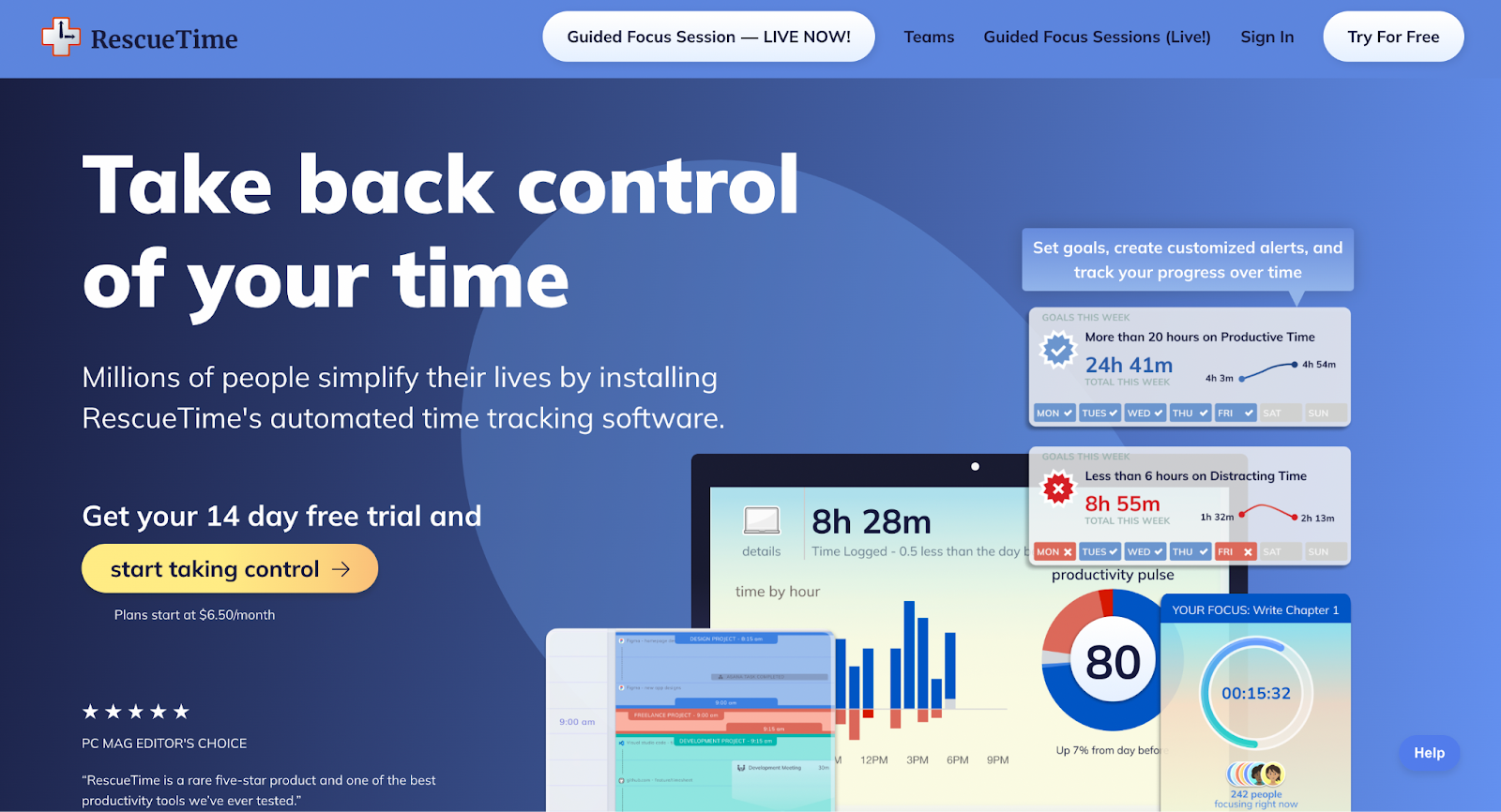 A screenshot of RescueTime’s website homepage.