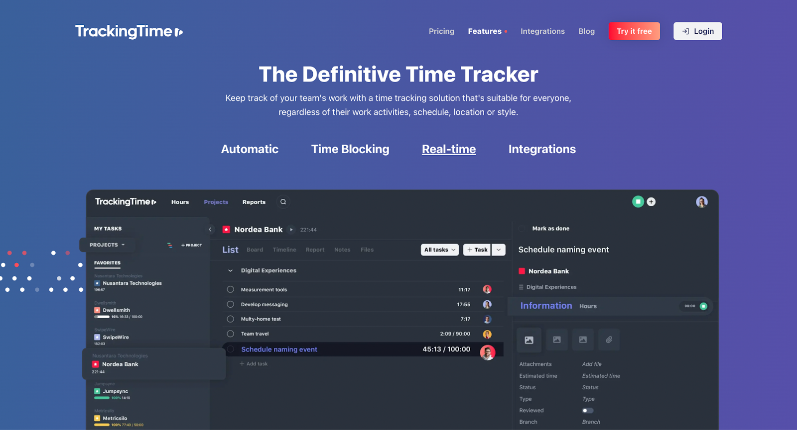 The TrackingTime website’s interface, where a timesheet shows who is working on each project and the total work time being contributed.