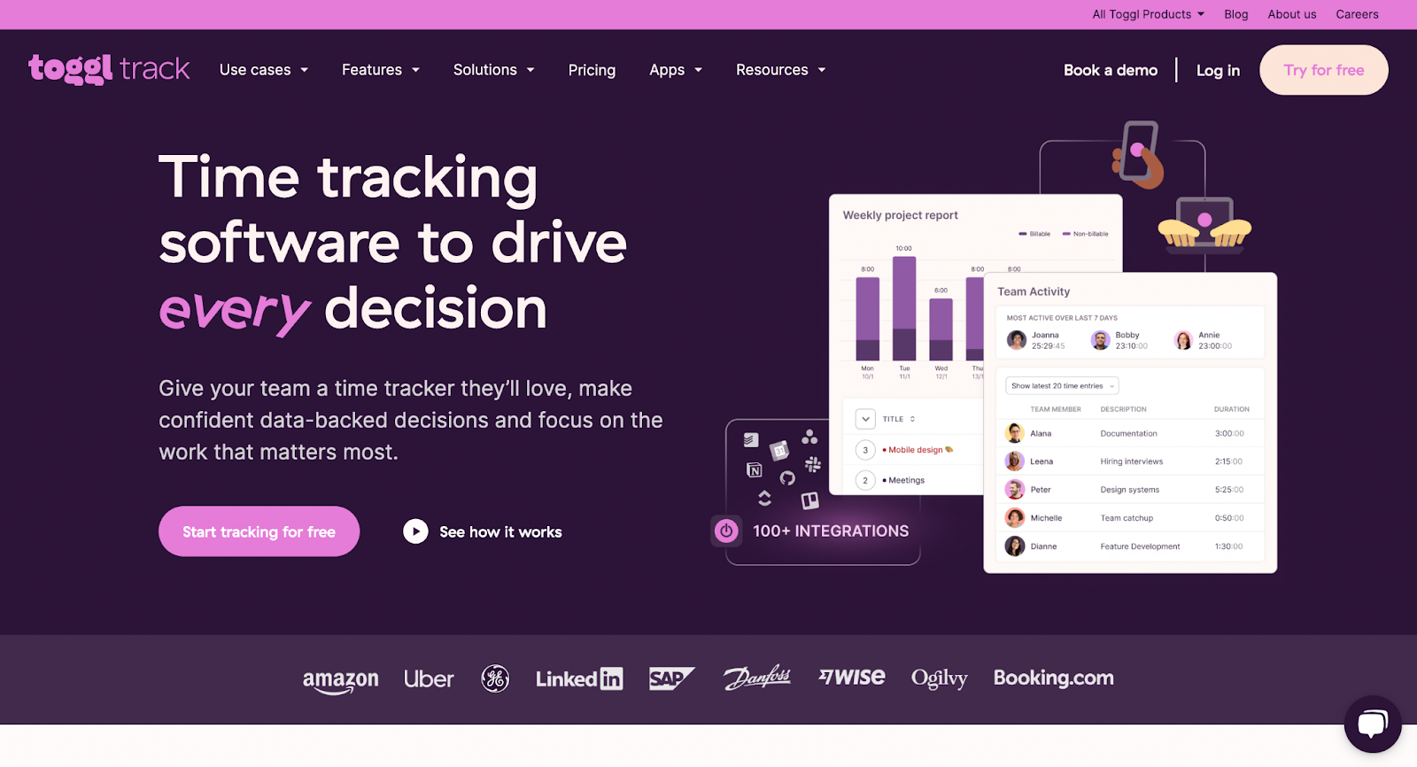 A screenshot of Toggl Track’s homepage.