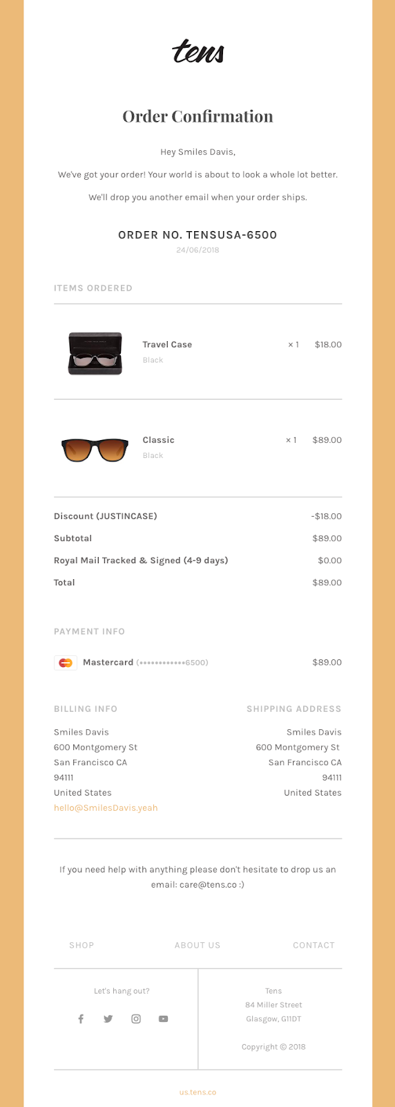 Order confirmation email from Tens.